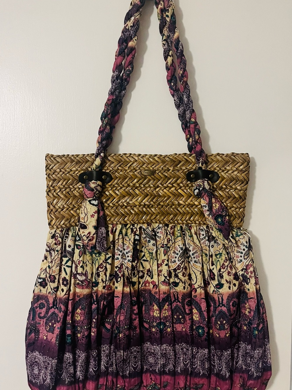 Cappelli Straworld Braided Straw Tote with Pink Purple Patterned Fabric